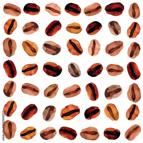 Vector watercolor style illustration of brown coffee grain beans pattern set