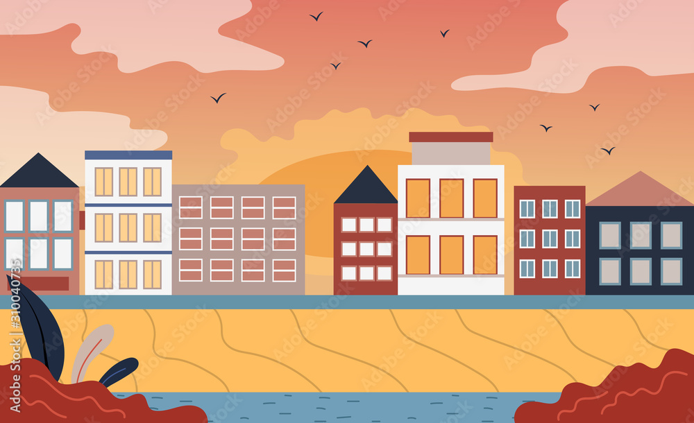 Vector city illustration- houses and buildings on horizontal banner. Flat style. Vector illustration