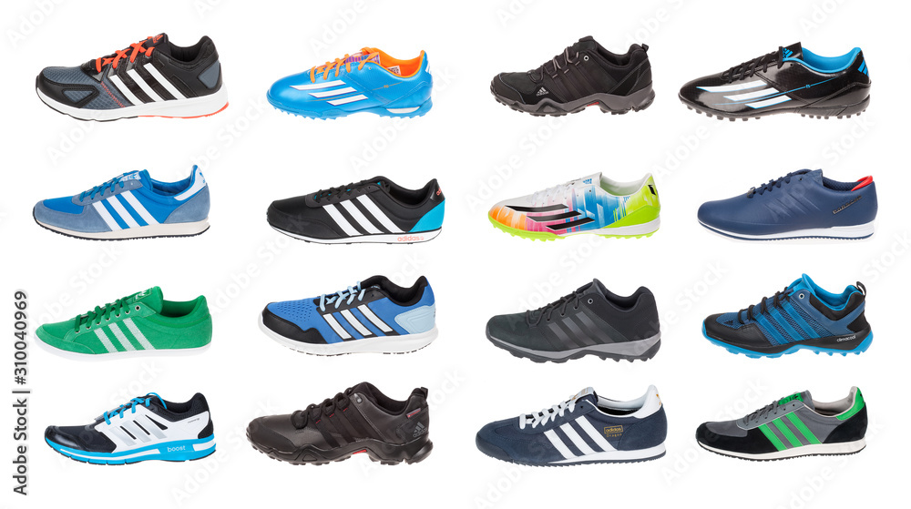 Intentie Maak los creatief Varna , Bulgaria - MARCH 10, 2016 : Collection of sport shoes ADIDAS,  isolated on white. Product shots. Adidas is a German corporation that  designs and manufactures sports shoes, clothing Stock 写真 | Adobe Stock