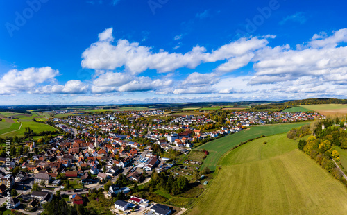 Germany, Baden-Wurttemberg, Neresheim, Aerial view of city and fields photo