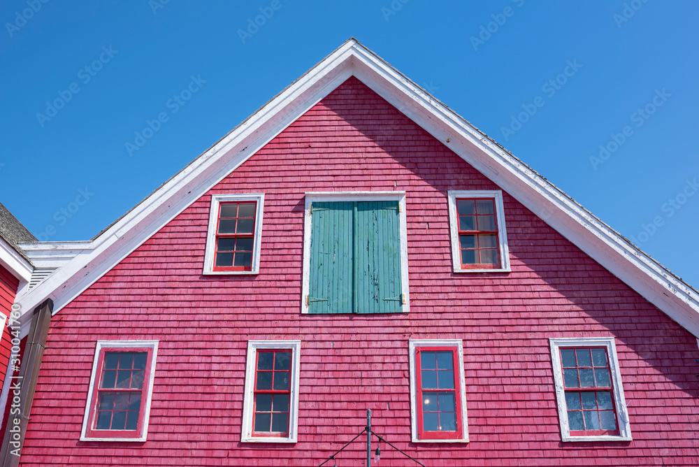 Canada, Nova Scotia, Lunenburg, Windows of pink colored historical winery