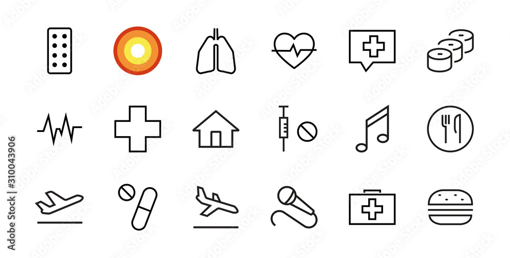 Simple Set of Medicine, Pills Related Vector Line Icons. Contains icons such as Pain, plane, music, Syringe, tablet and stroke. Editable move. 48x48 pixels perfect, on a white background Simple Set of Medicine, Pills Related Vector Line Icons. Contains icons such as Pain, plane, music, Syringe, tablet and stroke. Editable move. 48x48 pixels perfect, on a white background