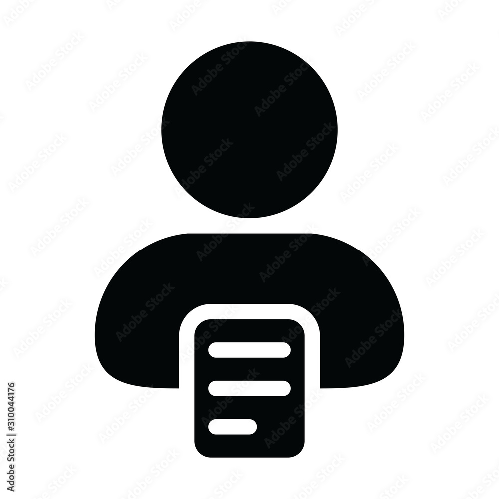 Action plan icon vector male person profile avatar with document symbol for business in a glyph pictogram illustration Action plan icon vector male person profile avatar with document symbol for business in a glyph pictogram illustration