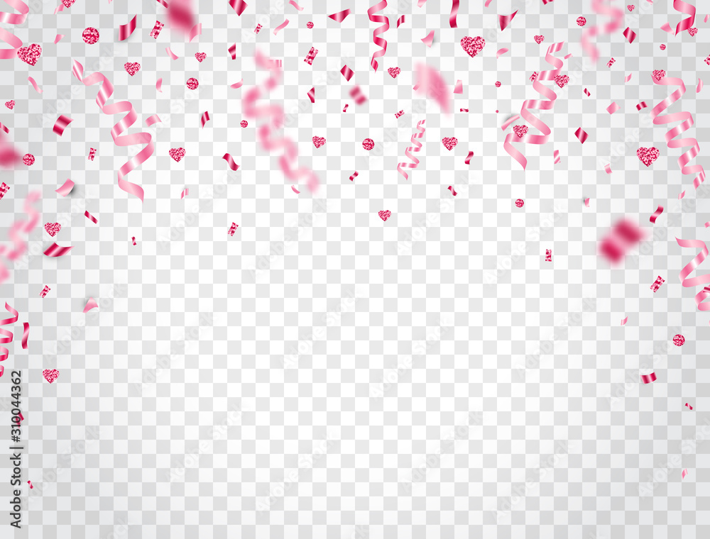 Happy Valentines Day background with pink confetti and glitter hearts. Falling shiny confetti. Bright festive tinsel. Party backdrop. Vector illustration Happy Valentines Day background with pink confetti and glitter hearts. Falling shiny confetti. Bright festive tinsel. Party backdrop. Vector illustration