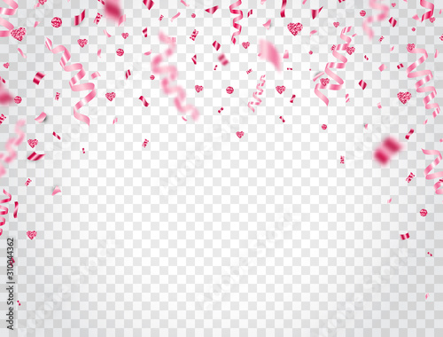 Happy Valentines Day background with pink confetti and glitter hearts. Falling shiny confetti. Bright festive tinsel. Party backdrop. Vector illustration