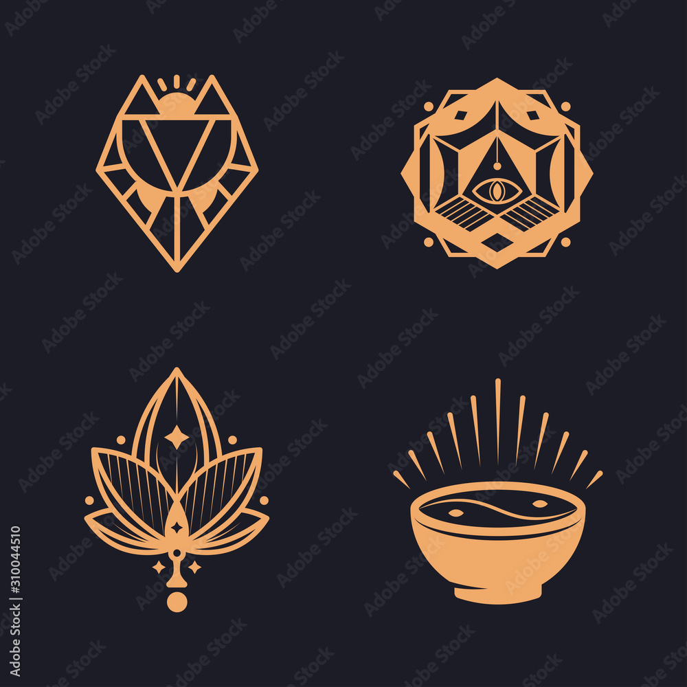 Abstract lotus, noodle bowl, wolf, eye symbol. Vector illustration. Abstract lotus, noodle bowl, wolf, eye symbol. Vector illustration.
