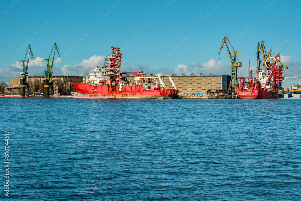 A ship under repair at shipyard in Gdansk, Poland.