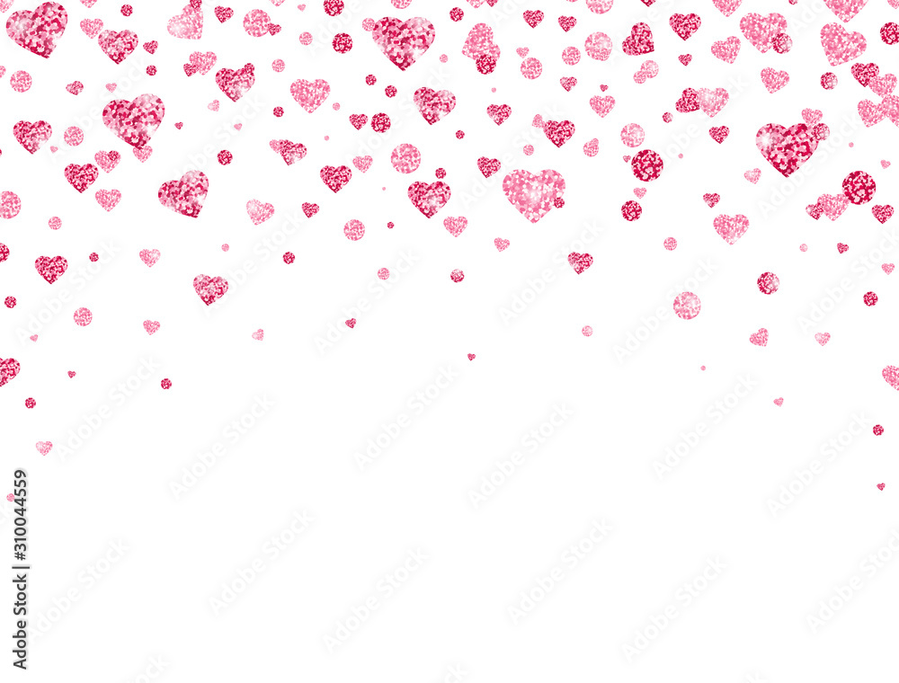 Glitter heart confetti falling on transparent background. Valentines Day background. Bright pink confetti for greeting cards, wedding invitation, gift packages. Vector illustration