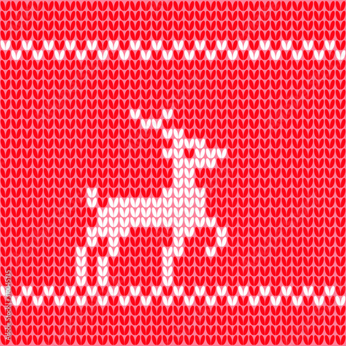 Knitted deer white on red background. Knitted Christmas pattern element