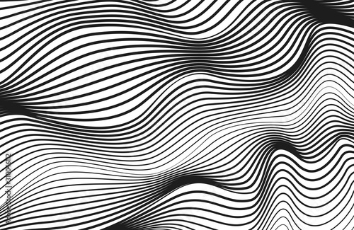 Black squiggly lines on white background. Abstract technology striped pattern. Vector modern op art design. Radio, sound wave concept. Optical illusion. Monochrome deformed surface. EPS10 illustration © Margarita Lyr