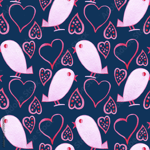 Hand drawn watercolor St Valentines Day seamless pattern with pink  hearts and birds on blue background. Romantic design for card, wrapping, wallpaper.