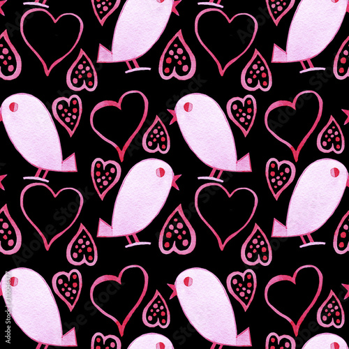 Hand drawn watercolor St Valentines Day seamless pattern with pink  hearts and birds on black background. Romantic design for card, wrapping, wallpaper.