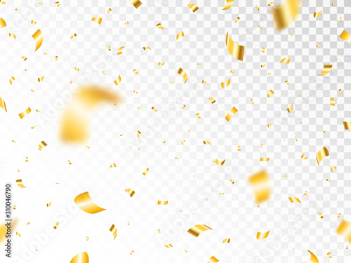 Gold confetti isolated on transparent backdrop. Luxury festive tinsel. Falling golden confetti. Christmas decoration elements. Realistic yellow serpentine. Vector illustration
