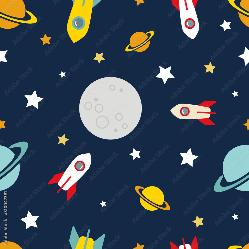 Rockets and Planets in Space. Vector Pattern
