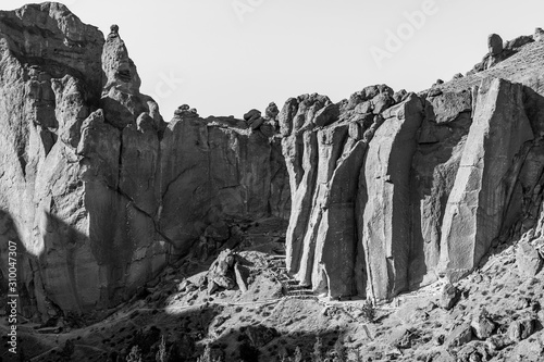 Black-and-white photograph of Smith Rock's view