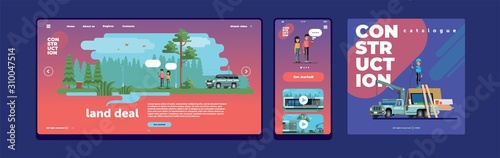 Vector flat illustration - country house construction, builders and pickup, inside the site template, mobile screen mockup, layout catalogue cover