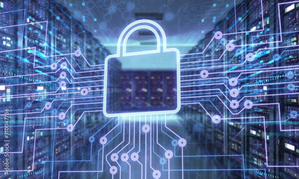 Digital lock icon and city background, concept of data security