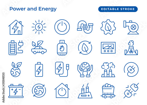Set of vector line icon, power and energy, classic blue. Contain such as energy efficiency, power station, electricity. Editable Stroke. Simple set icons for website, banner, ui and presentation.