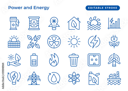 Set of vector line icon, industries energy, classic blue. Contain such as gasoline, ecological fuel, electricity, factory. Editable Stroke. Simple set icons for website, banner, ui and presentation.