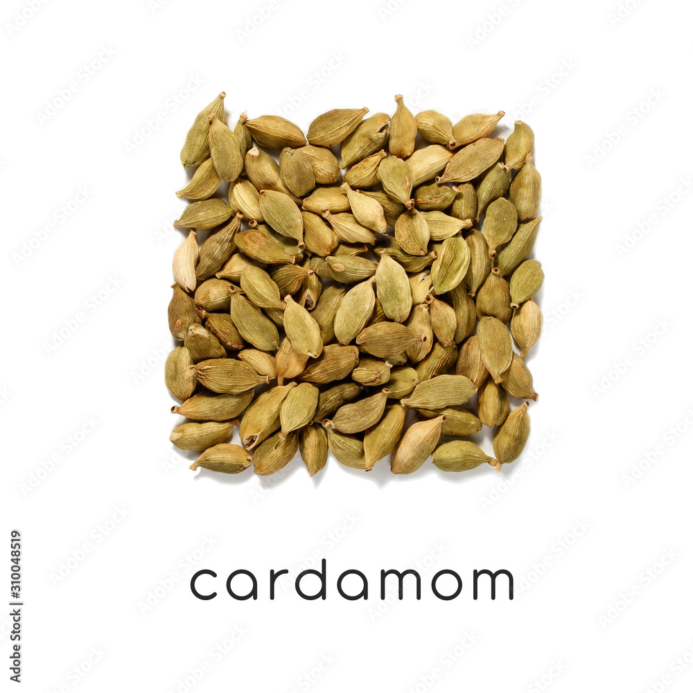 Cardamom seeds in the form of a square isolated on a white background. Cardamom seeds in the form of a square isolated on a white background.