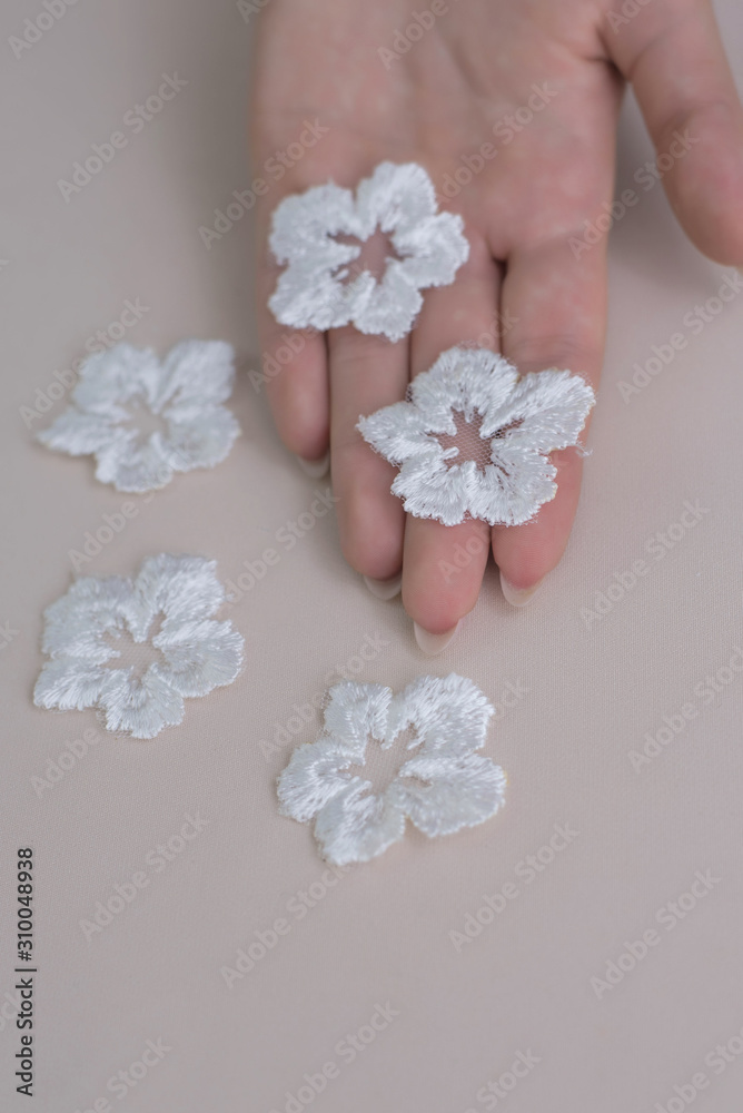 Texture lace fabric. lace on white background studio. thin fabric made of yarn or thread. a background image of ivory-colored lace flowers. White lace on beige background. Texture lace fabric. lace on white background studio. thin fabric made of yarn or thread. a background image of ivory-colored lace flowers. White lace on beige background.