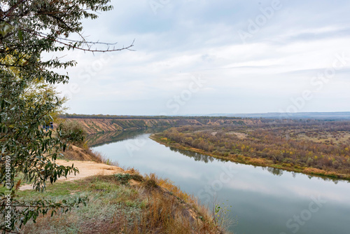 Landscape view of steppe and calm river Don in Russia in autumn