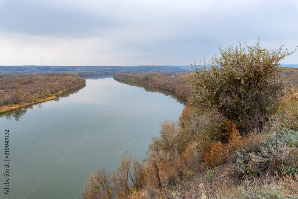 Landscape view of steppe and calm river Don in Russia in autumn