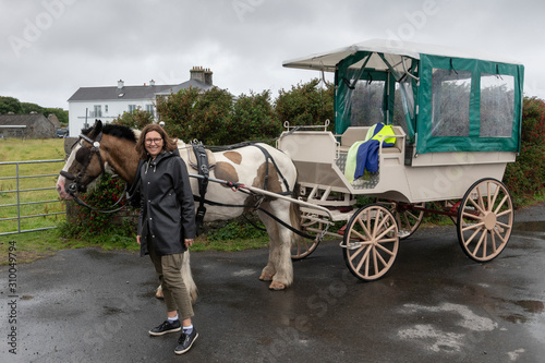 Woman standing near horse carriage, Galway City, County Galway, Ireland