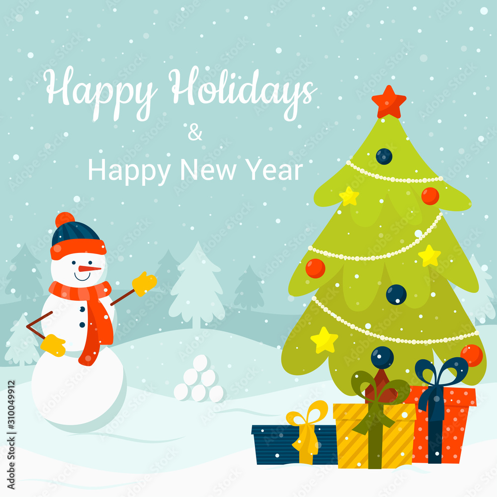 Snowman in winter forest next to Christmas tree and gifts. Vector Christmas greeting card Snowman in winter forest next to Christmas tree and gifts. Vector Christmas greeting card