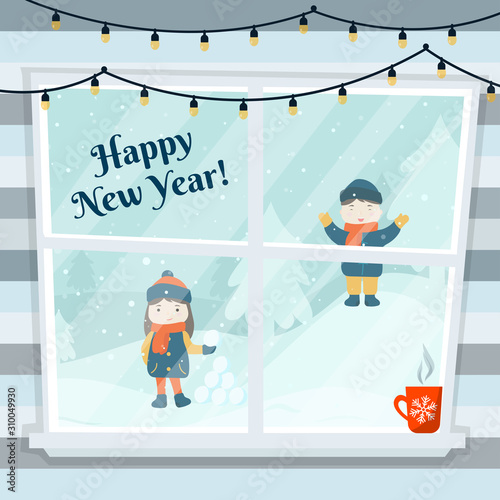 Happy New Year greeting card. Winter view from the window - children play snowballs