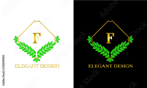 Design of magnificent ancient monogram. Decorative ornament on dark and light background with letter F. Gold and black pattern of brand, business sign, restaurant, boutique, hotel, emblem, jewelry.