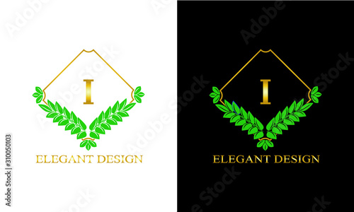 Design of magnificent ancient monogram. Decorative ornament on dark and light background with letter I. Gold and black pattern of brand, business sign, restaurant, boutique, hotel, emblem, jewelry.