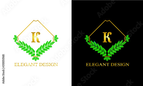 Design of magnificent ancient monogram. Decorative ornament on dark and light background with letter K. Gold and black pattern of brand, business sign, restaurant, boutique, hotel, emblem, jewelry.