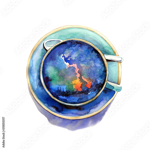 Watercolor hand drawn cup with galaxy drink.