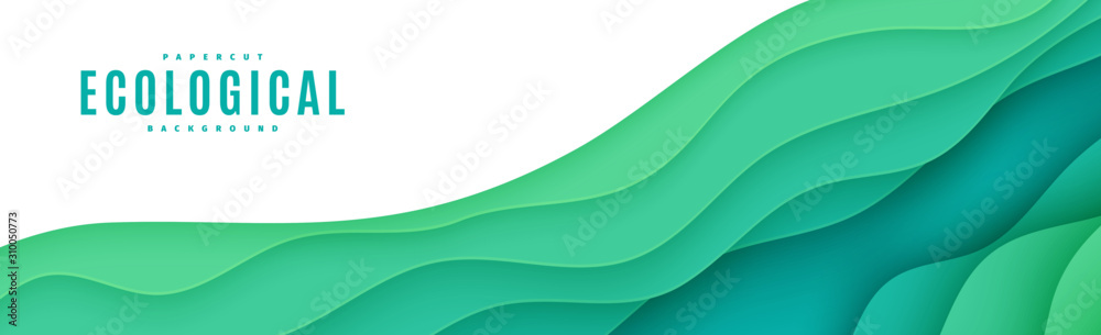 Abstract green horizontal banner in cut paper style. Cutout grass wave template for save the Earth flyer, ecology brochures, presentations, invitations with place for text .Vector card illustration