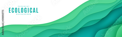 Abstract green horizontal banner in cut paper style. Cutout grass wave template for save the Earth flyer, ecology brochures, presentations, invitations with place for text .Vector card illustration