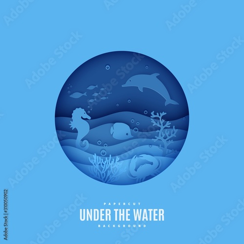 View of the underwater world through the porthole of a submarine in paper cut style. Vector papercut wave, tropical marine life in round frame. Craft underwater ocean diving concept. World Ocean Day