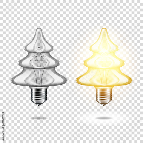 Set of realistic transparent light bulb - christmas tree, isolated.