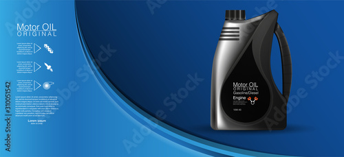 Bottle engine oil Canister of engine motor oil, full synthetic clinging molecules protection. Vector illustration with realistic canister and motor oil splashes on bright background.