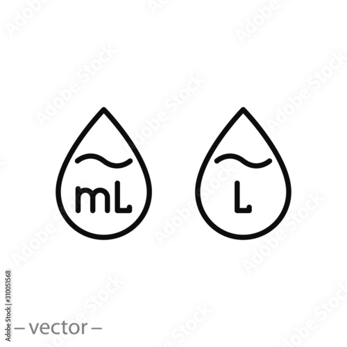 liter icon, drop liquid, fluid volume l and ml, capacity water, thin line web symbol on white background - editable stroke vector illustration eps10