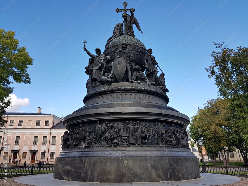 Grandiose monument The Millennium of Russia in the Russian city of Veliky Novgorod. September 2018