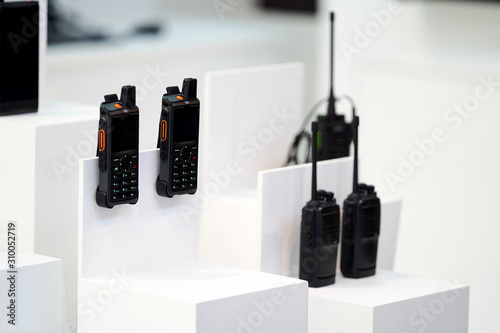 Εκτύπωση καμβά Portable radio transceiver sets on white background, close-up