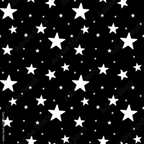 Seamless pattern with white star shaps on black background. Vector illustration.