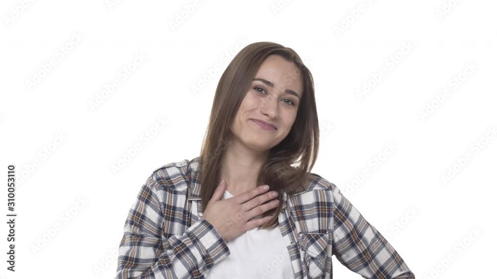 Happy and friendly, cheerful young woman congrautlating friend made achievement, gasping look surprised, hear good news and pointing camera, touching heart and smiling grateful or proud Happy and friendly, cheerful young woman congrautlating friend made achievement, gasping look surprised, hear good news and pointing camera, touching heart and smiling grateful or proud