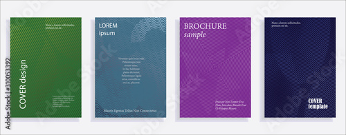Minimalistic cover design templates. Set of layouts for covers of books, albums, notebooks, reports, magazines. Line halftone gradient effect, flat modern abstract design. Geometric mock-up texture