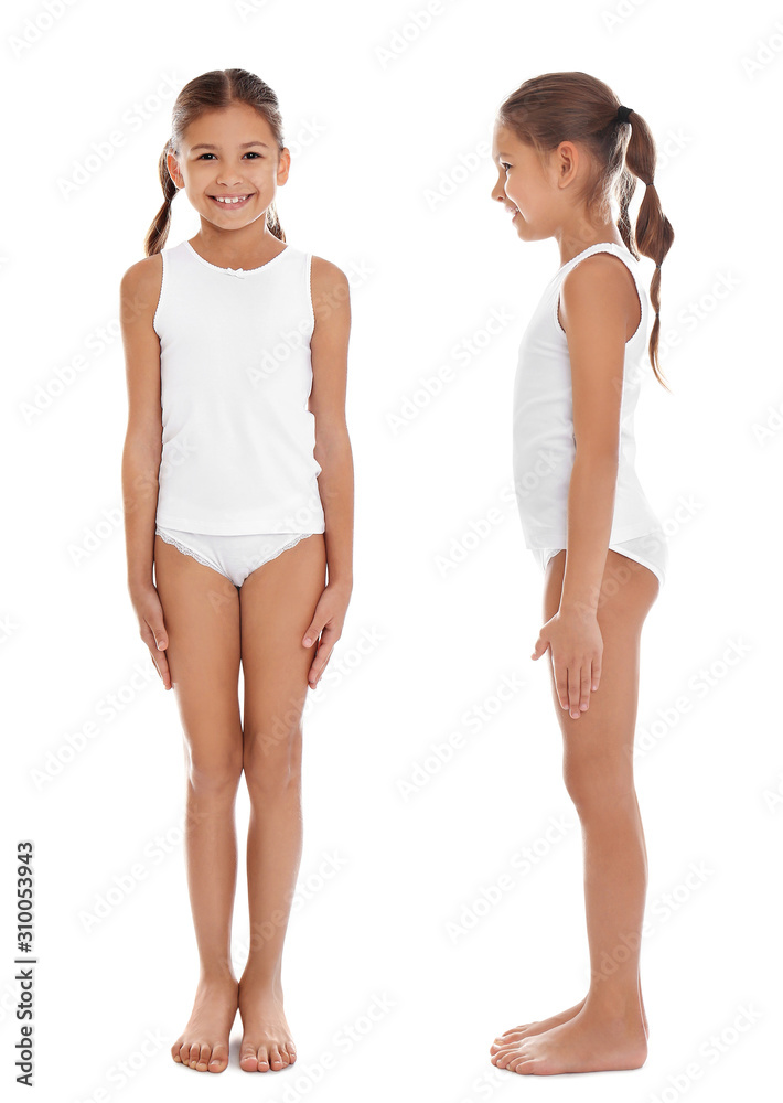 Fotografia do Stock: Collage of cute little girl in underwear on white  background