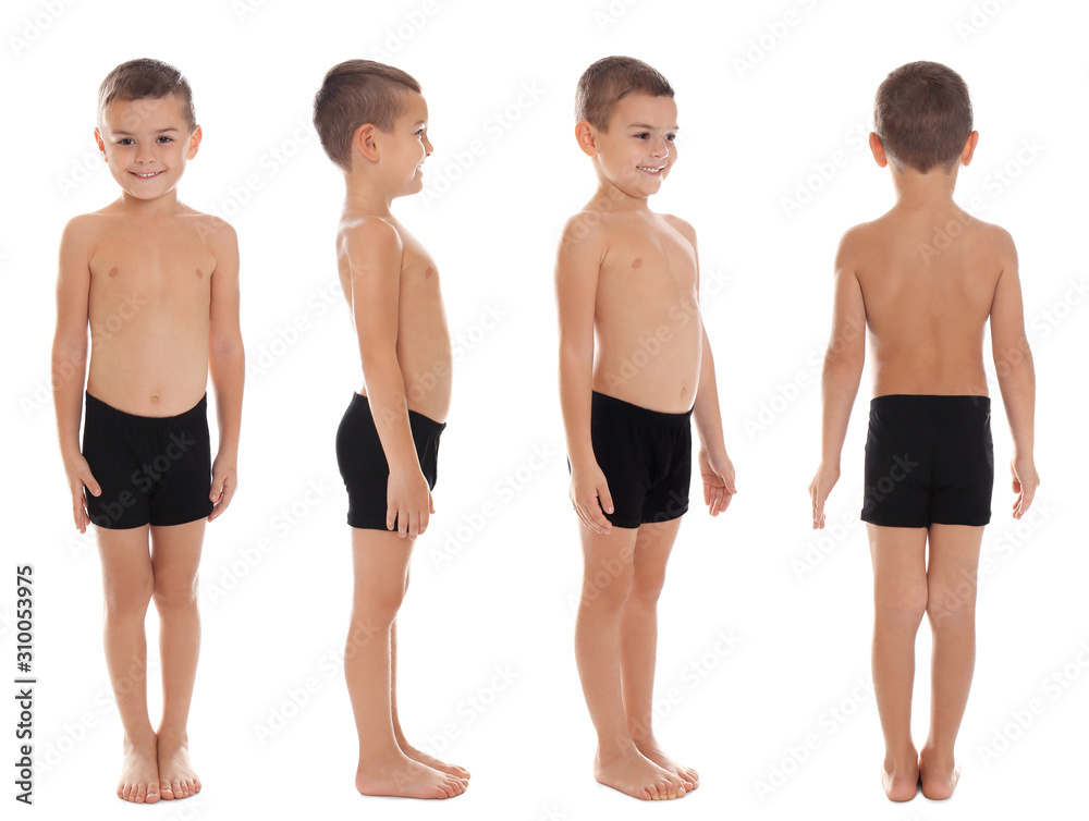 Collage of cute little boy in underwear on white background StockFoto
