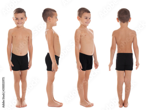 Collage of cute little boy in underwear on white background