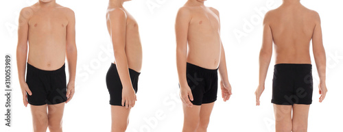 Collage of little boy in underwear on white background