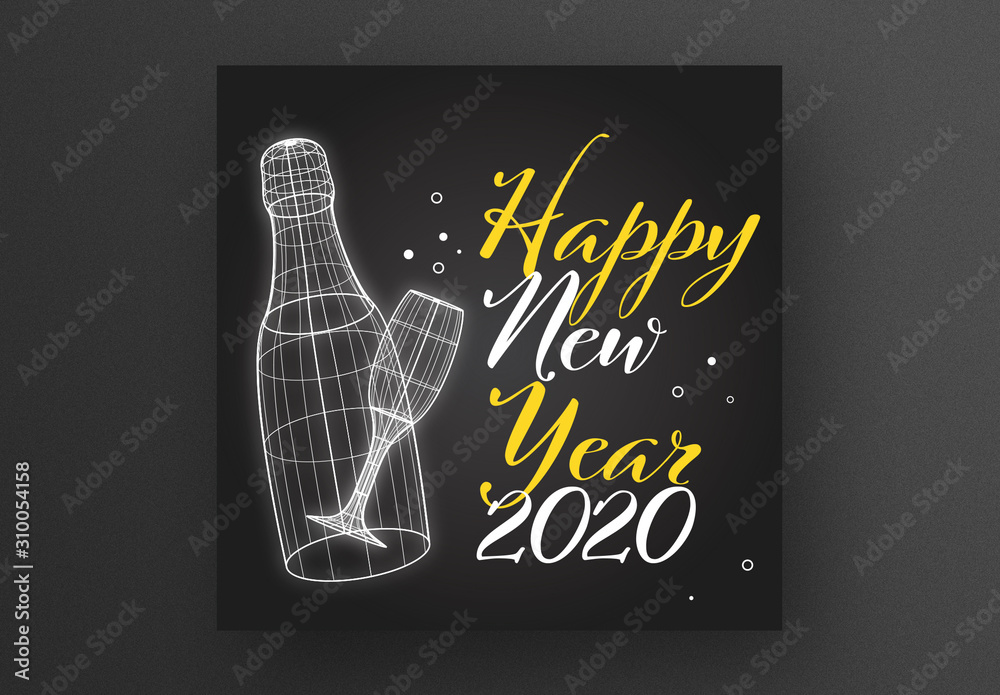 New Year Card Layout with Bottle and Glass Wireframe Illustrations ...